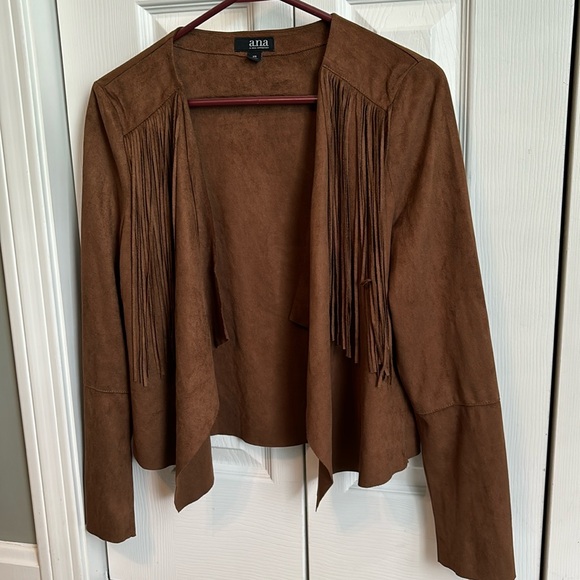 a.n.a brown suede fringe front open jacket - Picture 1 of 3